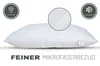 A white pillow with a quilted pattern is shown against a white background. There are circular icons with text and graphics above and to the left and right of the pillow. Text is also present below the pillow. Produktbild-Vorschau