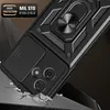 A black phone case with a ring stand and camera protection is shown at an angle, appearing to be dropped onto a surface. Produktbild-Vorschau