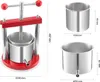 A fruit press and its components are shown with dimensions. Produktbild-Vorschau