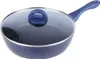 A blue frying pan with a glass lid and a blue handle is shown against a white background. Produktbild-Vorschau