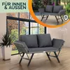 A two-seater sofa with gray cushions is shown in a room with large windows and a plant. A smaller inset image shows the same sofa outdoors. Anteprima dell’immagine prodotto