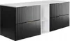 A modern black and white bathroom vanity with a white countertop and gold accents. Voir les images du produit