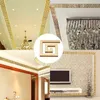 A collage of images showing gold geometric Greek key pattern wall stickers applied to ceilings and walls in different home decor settings. Náhľad obrázku produktu