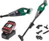 A collage of a cordless vacuum cleaner, its battery and charger, and various attachments, all presented on a white background. Produktbild-Vorschau