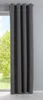 A dark gray curtain hanging in front of a window with trees visible outside. Produktbild-Vorschau