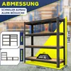 A shelving unit is shown with dimensions and load capacity indicated. There are also smaller inset images showing different configurations of shelving. Produktbild-Vorschau