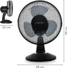 A black Trotec table fan is shown from the front and side with dimensions indicated. Produktbild-Vorschau