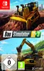 A split image showing two construction vehicles, a bulldozer on top and an excavator on the bottom, with game title and rating information. Produktbild-Vorschau