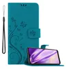 A teal flip phone case with a floral and butterfly design is shown open, with a smartphone inserted. Náhled obrázku produktu