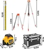 A collage of a laser level kit with its accessories and dimensions. Podgląd zdjęcia produktu