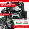 Close-up marketing image of a lawnmower with feature callouts. Produktbild-Vorschau