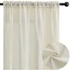A close-up view of a beige linen-look curtain hanging on a dark curtain rod. Produktbild-Vorschau