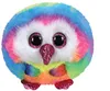 A close-up studio shot of a round, fluffy, rainbow-colored owl plush toy with large, sparkly black eyes and a glittery pink beak. Voir les images du produit