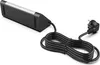 A black power strip with a white light bar and a coiled black power cord with a European plug. Produktbild-Vorschau