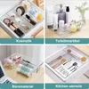 A collage of four images showing different uses of clear drawer organizers for cosmetics, toiletries, office supplies, and kitchen utensils. Náhled obrázku produktu