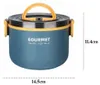 A blue insulated food container with a yellow handle and trim, shown with dimensions indicated. Produktbild-Vorschau
