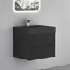 A modern black wall-mounted vanity unit with a sink and faucet, set against a light gray wall. A mirror with a soft light is visible above. Produktbild-Vorschau
