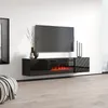 A modern living room with a wall-mounted TV stand featuring an electric fireplace. Produktbild-Vorschau