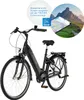 A black FISCHER electric bicycle is shown with a circular graphic overlay containing text and a smartphone displaying a map. Produktbild-Vorschau