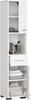 A tall, narrow white cabinet with doors and a drawer, displaying toiletries and folded towels. Produktbild-Vorschau