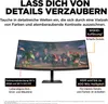 A curved computer monitor displaying a video game scene, with text overlays highlighting its features. Produktbild-Vorschau