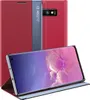 A red flip case for a Samsung Galaxy S10 phone, shown open with the phone screen visible. Produktbild-Vorschau