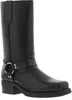 A black leather boot with a harness strap and a silver ring. Voir les images du produit
