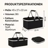 Product specifications and images of a black foldable shopping basket. Anteprima dell’immagine prodotto
