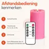 A pink LED candle with a remote control and a list of its features. Produktbild-Vorschau