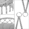 Collage of close-up images showing details of a hanging chair, including the macrame netting, tassels, and metal rings for hanging. Produktbild-Vorschau