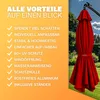 A red umbrella is shown folded and tied with a strap, with a list of its features on an orange background to the left. The background behind the umbrella shows a garden scene with trees and a blue sky. Produktbild-Vorschau