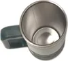 A top-down view of an empty stainless steel mug with a green handle. Voir les images du produit