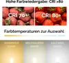 The image displays information about LED lamp color rendering index (CRI) and color temperatures, using strawberries as a visual aid. Produktbild-Vorschau