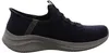 A side view of a navy blue Skechers slip-on shoe with a speckled gray sole. Produktbild-Vorschau