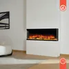 An electric fireplace is mounted on a white wall in a modern living room. Voir les images du produit