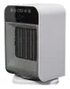 A white ceramic heater with a black mesh front and a digital display sits on a white base against a white background. Voir les images du produit