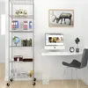 A metal shelving unit with various items on it, next to a desk with a computer. Voir les images du produit