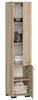A tall, narrow bathroom cabinet with two doors and open shelves, displaying folded towels and toiletries. Podgląd zdjęcia produktu