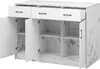 An open kitchen island with drawers and doors, showing its interior shelves. The surface has a marble pattern. Voir les images du produit
