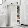 A bathroom cabinet with louvered doors and open shelves, displaying various toiletries and towels. Anteprima dell’immagine prodotto