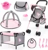 Puppen-Buggy Set mit Reisebett und Zubehör grau/rosa - Produktbild-Vorschau 1