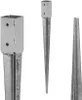 Three galvanized steel fence post anchors are displayed against a white background. One anchor is shown in close-up on the left, another is shown from the side in the center, and a third is shown from the side on the right. Voir les images du produit