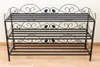 A black wrought iron shoe rack with three shelves is displayed against a light background. Produktbild-Vorschau