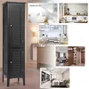 A collage of images showcasing a black storage cabinet in different room settings, including a bathroom, kitchen, living room, entryway, and bedroom. Náhled obrázku produktu