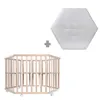 A hexagonal playpen and a hexagonal mat are shown against a white background. Produktbild-Vorschau