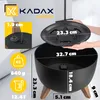 A black plastic planter with wooden legs, shown with dimensions and weight information. Produktbild-Vorschau