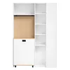 A white and wood-colored cabinet with shelves and a drawer, shown against a white background. Podgląd zdjęcia produktu