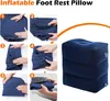 Collage showing instructions for inflating a footrest pillow and a final product shot. Produktbild-Vorschau