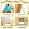 A collage of four close-up images showcasing details of a wooden playhouse for children, with text labels in German. Anteprima dell’immagine prodotto