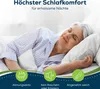 A woman sleeping peacefully in bed, with icons and text highlighting product features. Produktbild-Vorschau